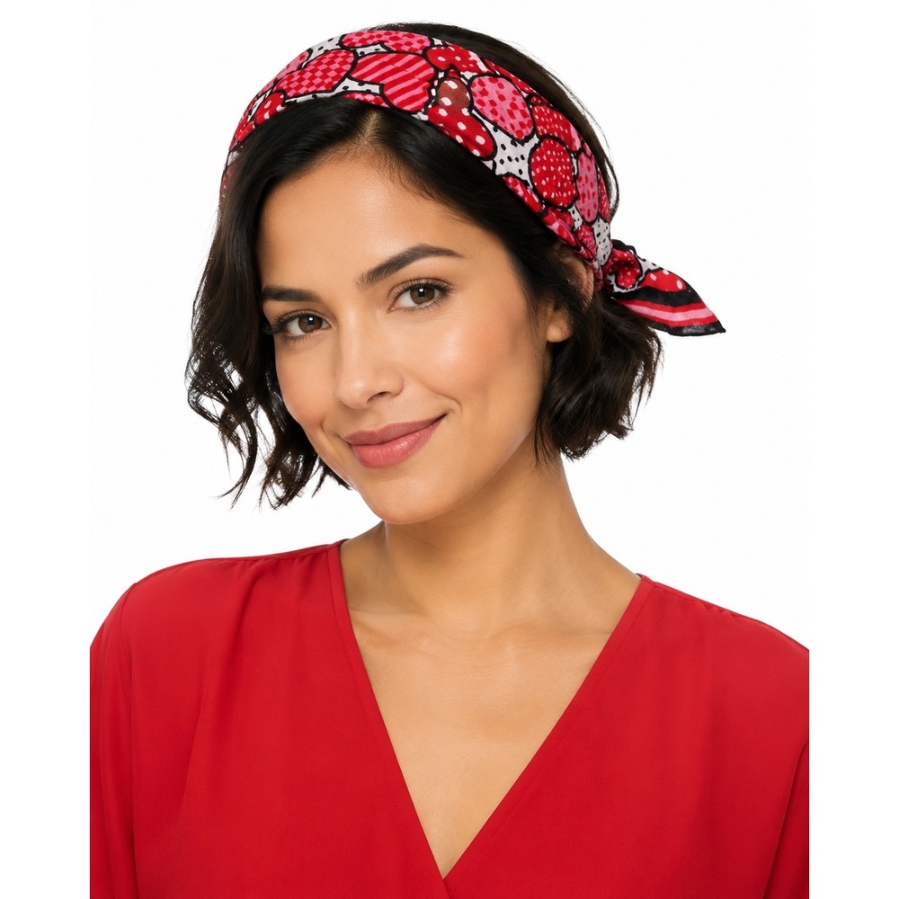 Red Pink Heart Print Cotton Bandana Square Neck Scarf Polka Dot Striped 115-16